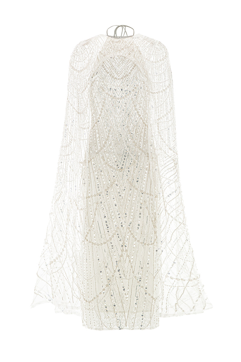 SEQUIN MIDI CAPE DRESS IN WHITE