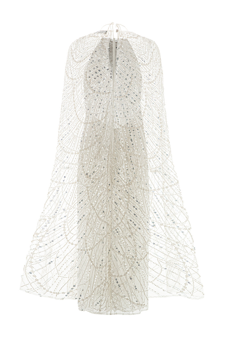 SEQUIN MIDI CAPE DRESS IN WHITE SEQUIN MIDI CAPE DRESS IN WHITE