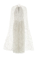 White Valenciani sequin midi cape dress with intricate detailing, elegant silhouette, perfect for formal occasions.