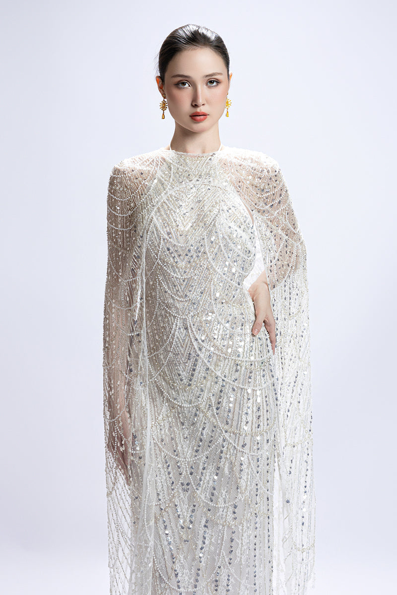SEQUIN MIDI CAPE DRESS IN WHITE | CULT MIA | Valenciani SEQUIN MIDI CAPE DRESS IN WHITE | CULT MIA | Valenciani
