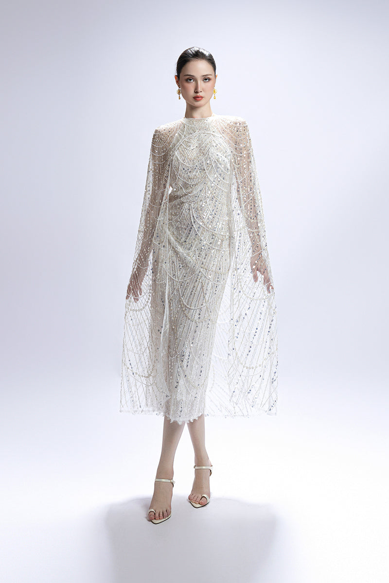 SEQUIN MIDI CAPE DRESS IN WHITE | CULT MIA | Valenciani SEQUIN MIDI CAPE DRESS IN WHITE | CULT MIA | Valenciani