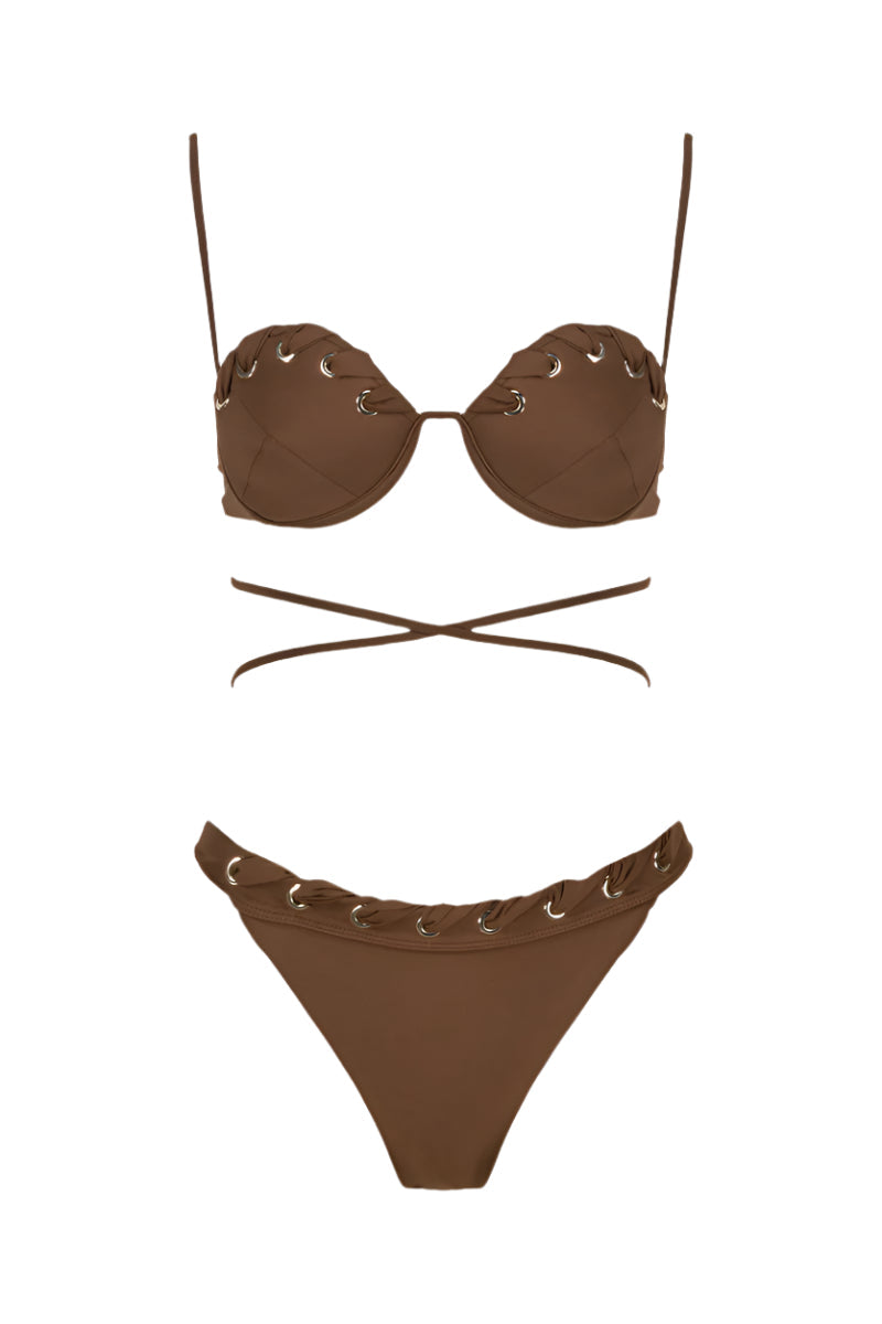 Maliluha Serein bikini set in brown, featuring a stylish two-piece swimsuit with adjustable straps and a flattering fit.