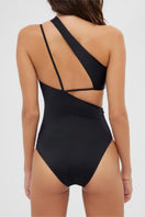 Black Maliluha Serene One Piece swimsuit displayed on a mannequin, featuring a sleek, fitted design for stylish beachwear.
