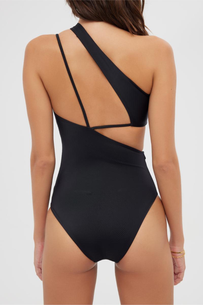 Black Maliluha Serene One Piece swimsuit displayed on a mannequin, featuring a sleek, fitted design for stylish beachwear.