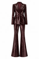 Lili Blanc sequin peak blazer with structured fit, featuring shiny sequins and tailored lapels, displayed on a hanger.