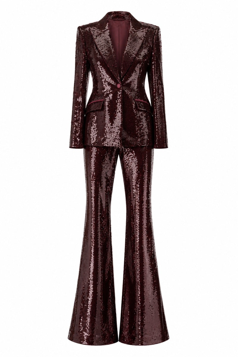 Lili Blanc sequin trousers, stylish pants with shimmering sequin details, front view showing tailored fit and elegant design.