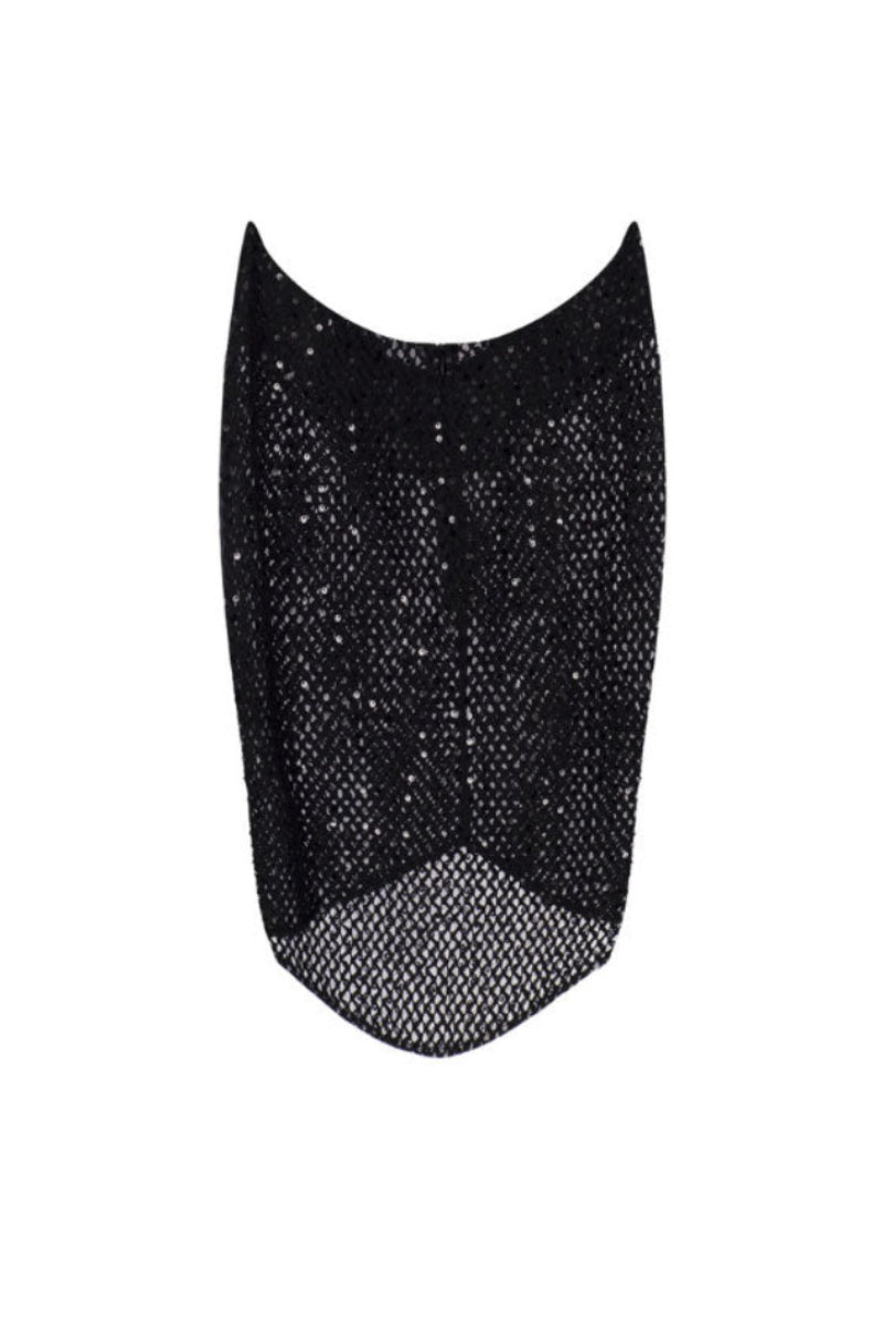 Black sheer mesh midi skirt by Tayfun Kaba, featuring lightweight, semi-transparent fabric and a stylish, flowy silhouette.