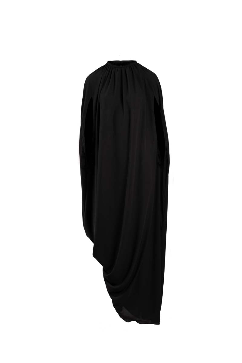 Black Sheer Line Midi Dress by Yassmin Saleh, featuring a transparent, flowing fabric with ghostly front detail.