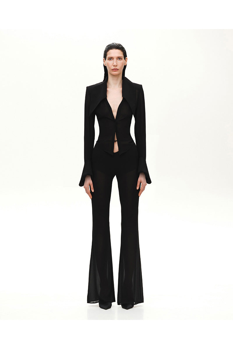 SHEER LOUNGE SHIRT WITH OVERSIZED COLLAR IN BLACK