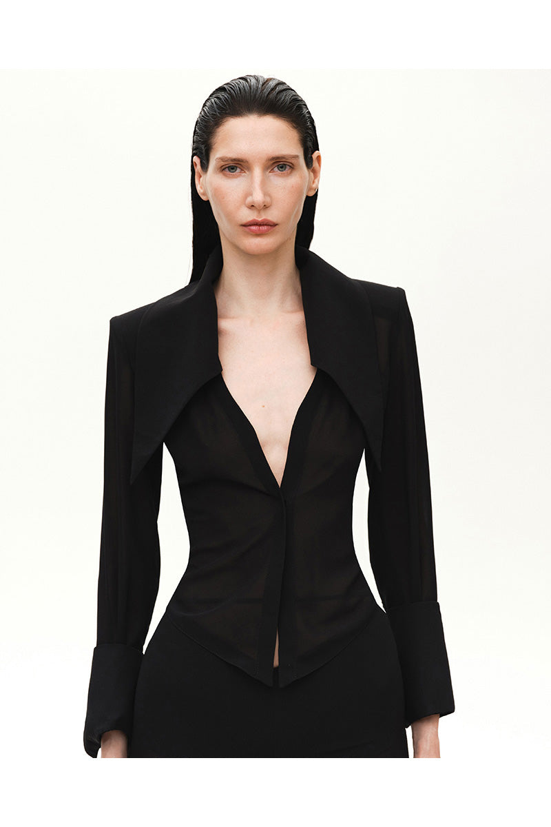 Black sheer lounge shirt with oversized collar by Kris Marán, featuring lightweight, relaxed fit and stylish design.