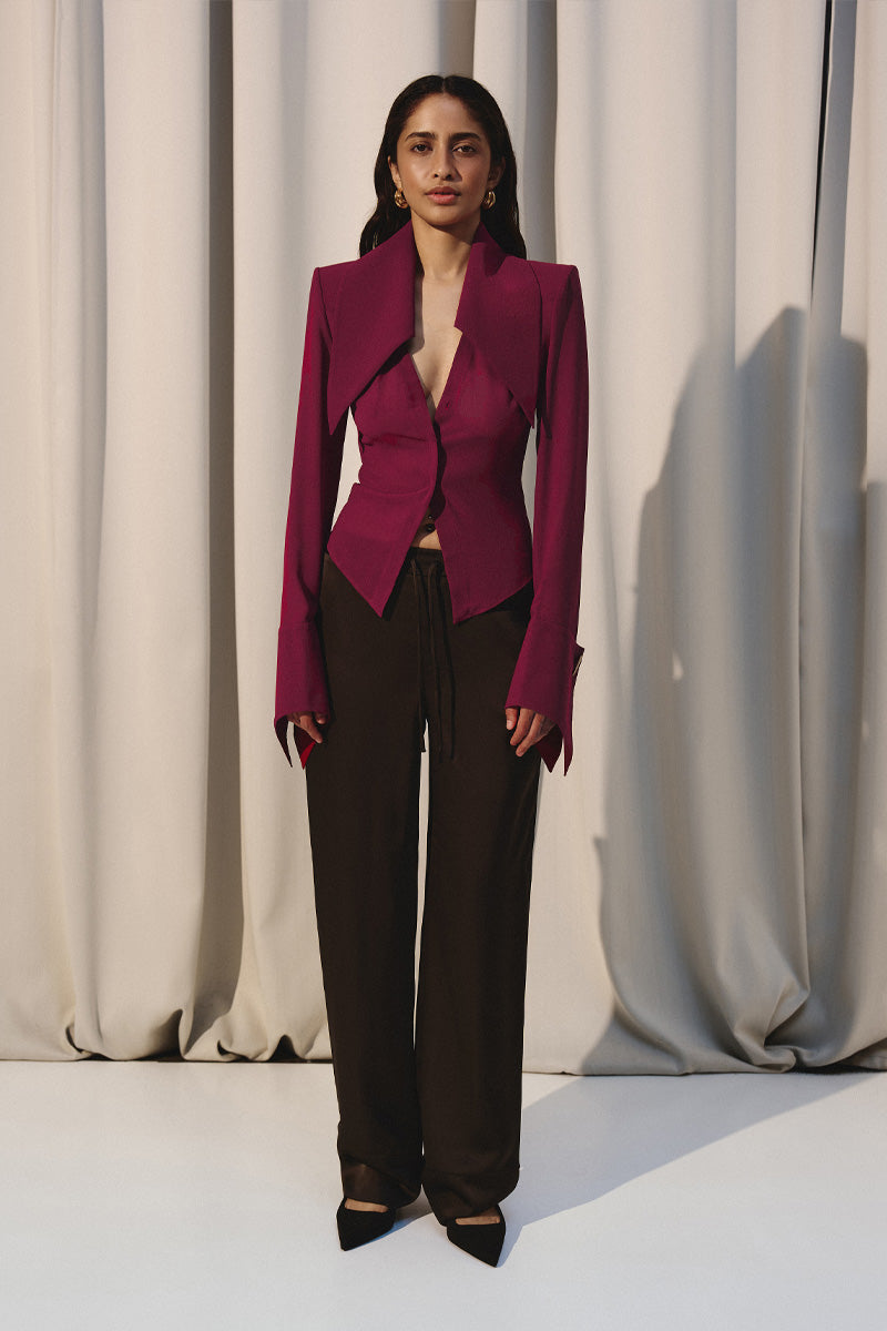 Sheer burgundy shirt with oversized collar by Kris Marán, featuring lightweight, transparent fabric and stylish design.