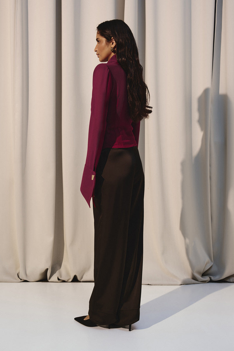 Sheer burgundy shirt with an oversized collar by Kris Marán, featuring lightweight fabric and stylish design.