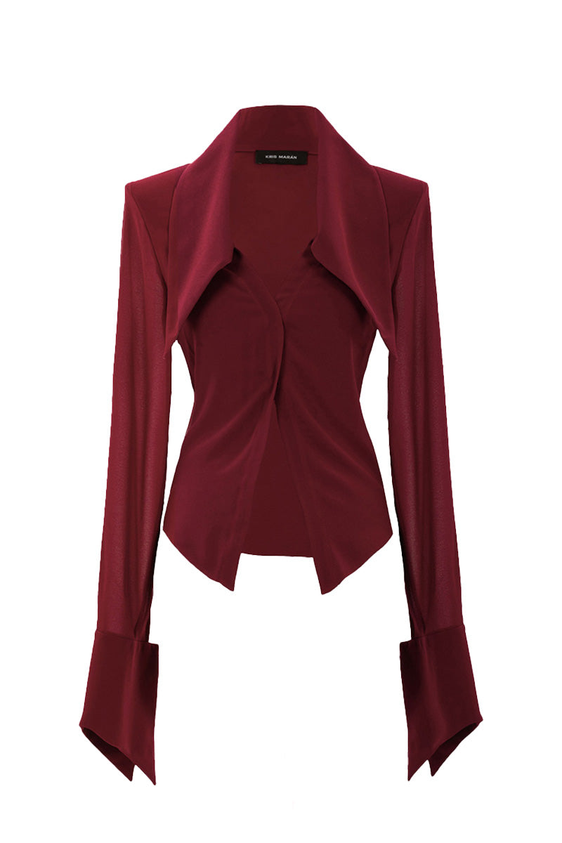 Kris Marán burgundy sheer shirt with an oversized collar, lightweight fabric, and stylish design, perfect for modern fashion.