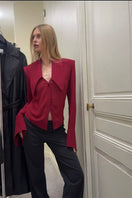 Kris Marán sheer burgundy shirt with an oversized collar, lightweight and stylish for a modern, elegant look.