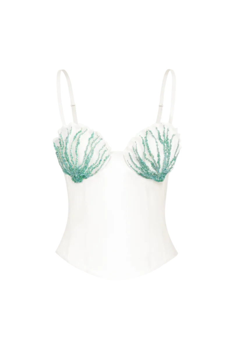 Off-white shell hand-embroidered bustier top by Stolen Stores, featuring intricate embroidery and fitted design.
