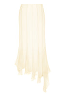 Light yellow asymmetric sheer maxi skirt by Stolen Stores, featuring a flowing design and elegant silhouette.