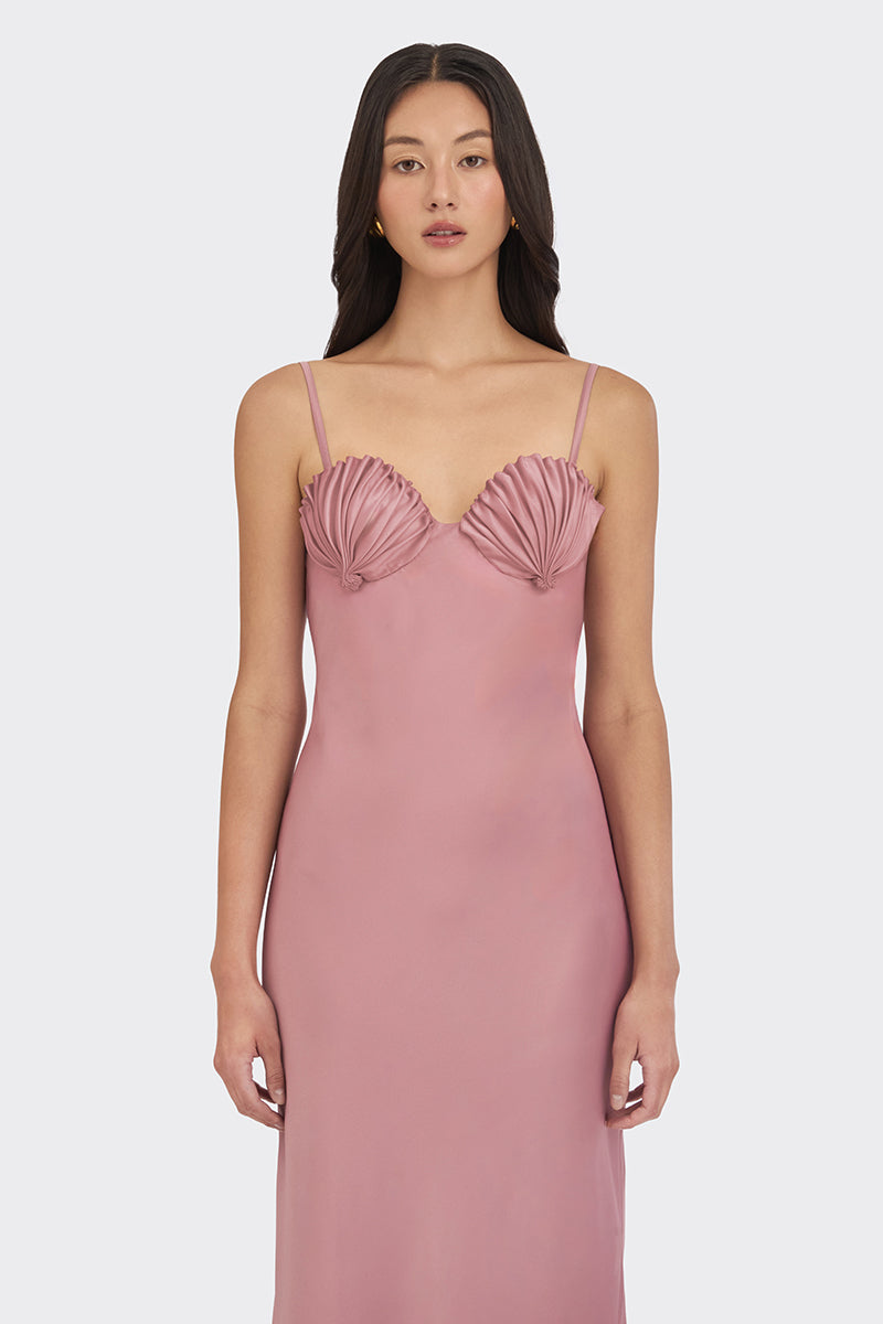 Purple shell slip maxi dress by Stolen Stores, flowing fabric with a sleek, elegant silhouette perfect for summer or casual wear.