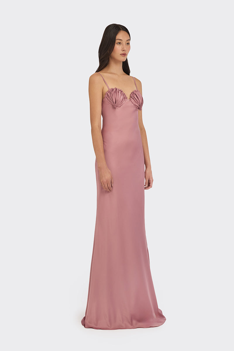 Purple Shell Slip Maxi Dress by Stolen Stores displayed on a model, featuring flowing fabric and shell details for a stylish look.