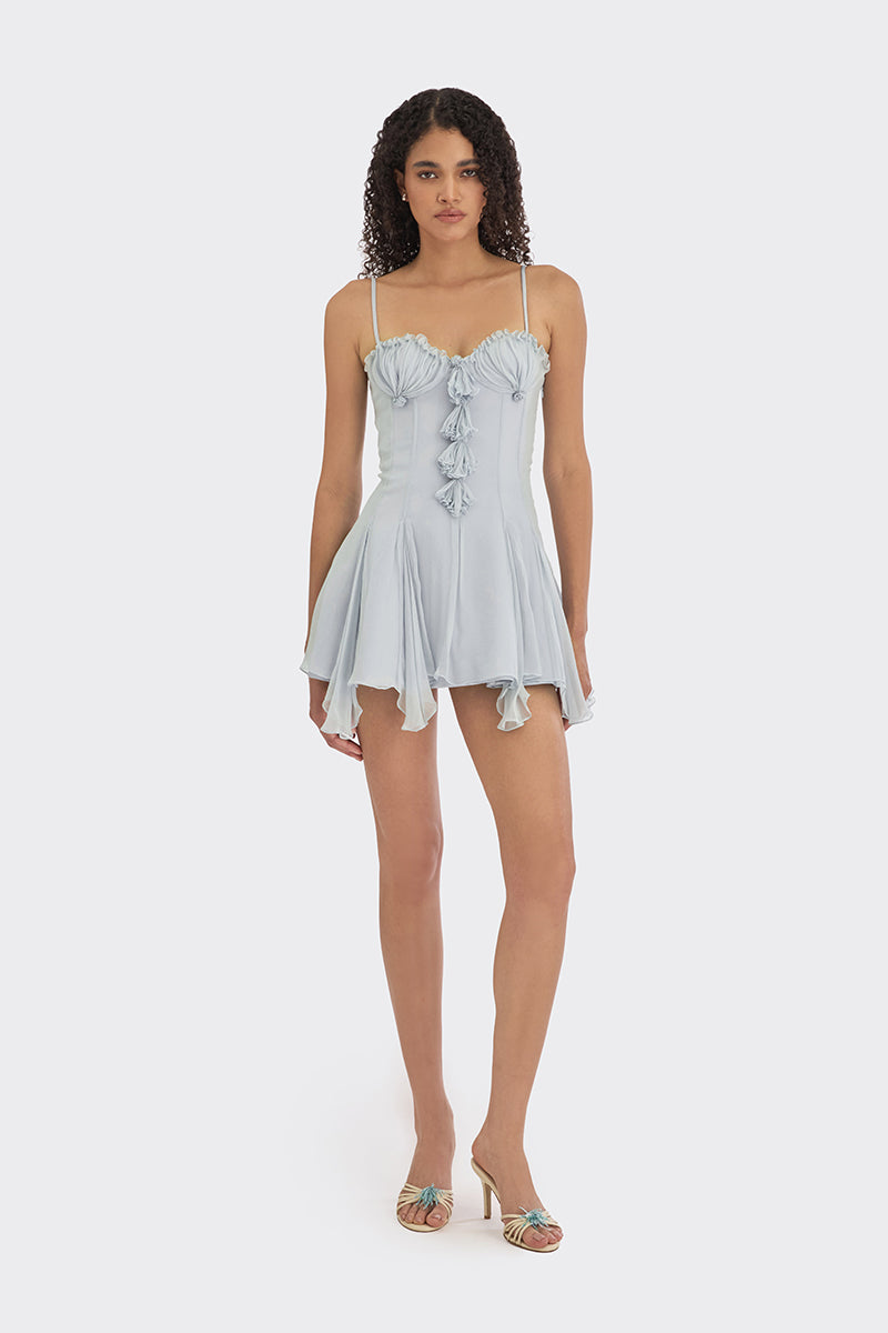 Light blue shell-embellished mini dress by Stolen Stores, featuring a fitted silhouette and stylish design for casual or party wear.