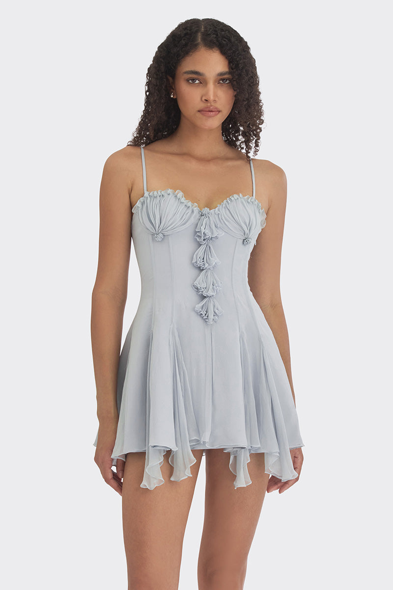 Light blue Shell Corset Mini Dress by Stolen Stores, fitted with a stylish corset design and mini length, perfect for fashionable occasions.