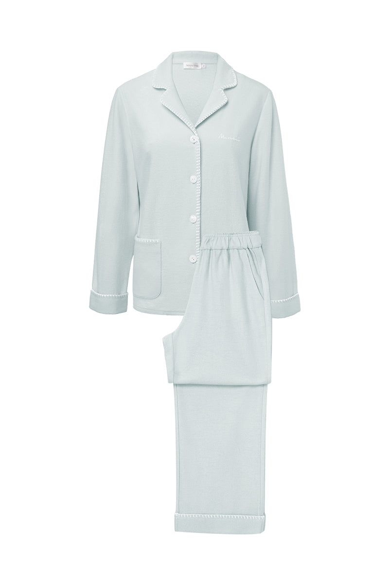 Blue SHELL women's silk wool pajama set by MANITO, featuring a comfortable, stylish pajama top and bottoms.