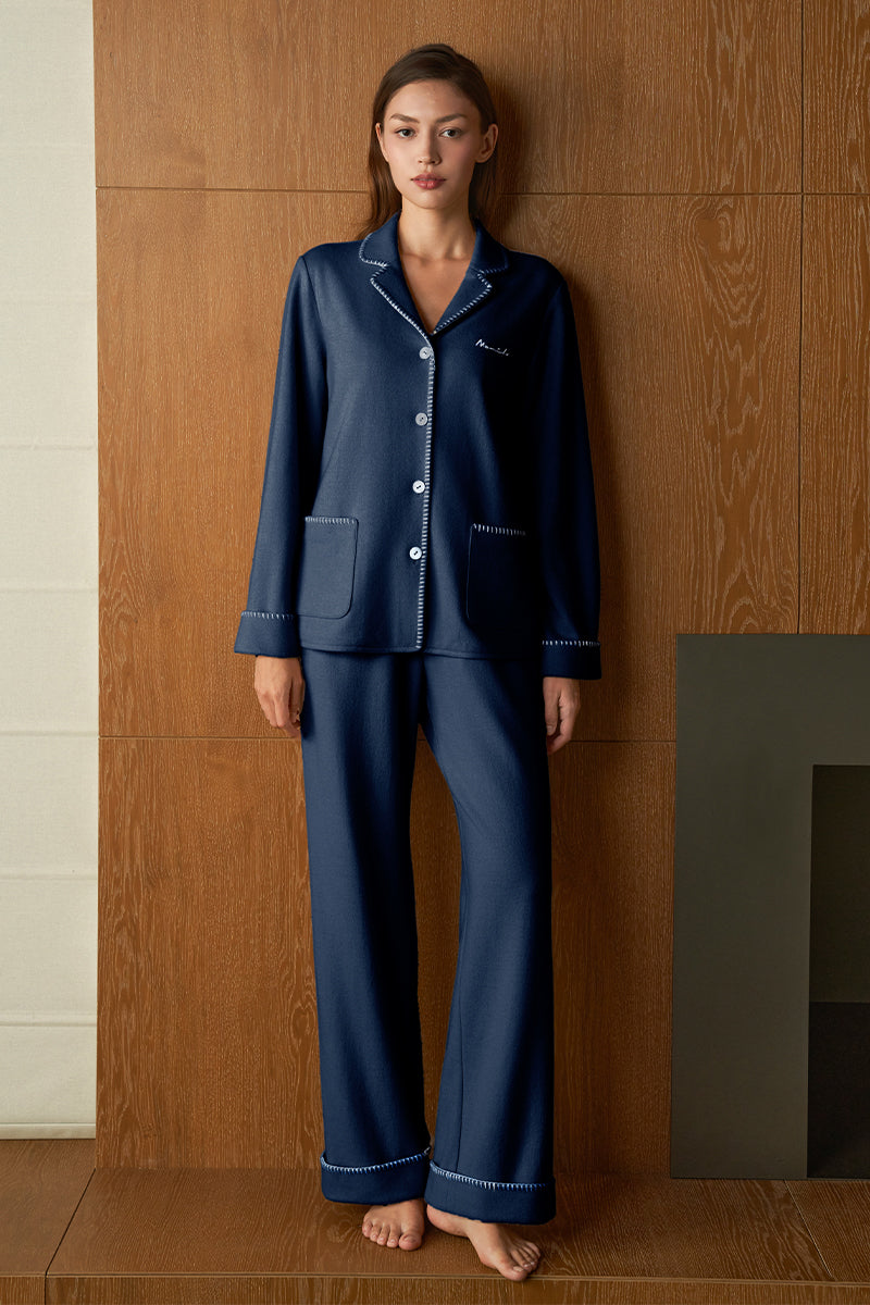 طقم بيجاما نسائي من الحرير والصوف من شيل باللون الكحلي