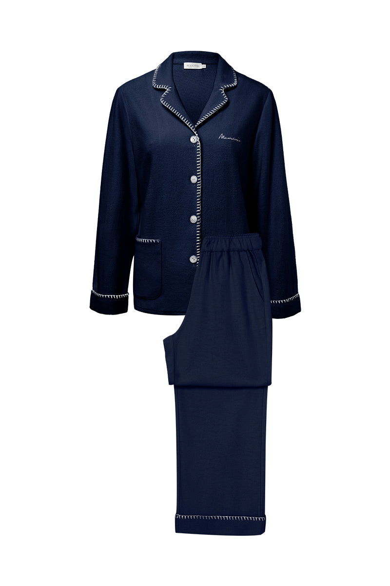 طقم بيجاما نسائي من الحرير والصوف من شيل باللون الكحلي