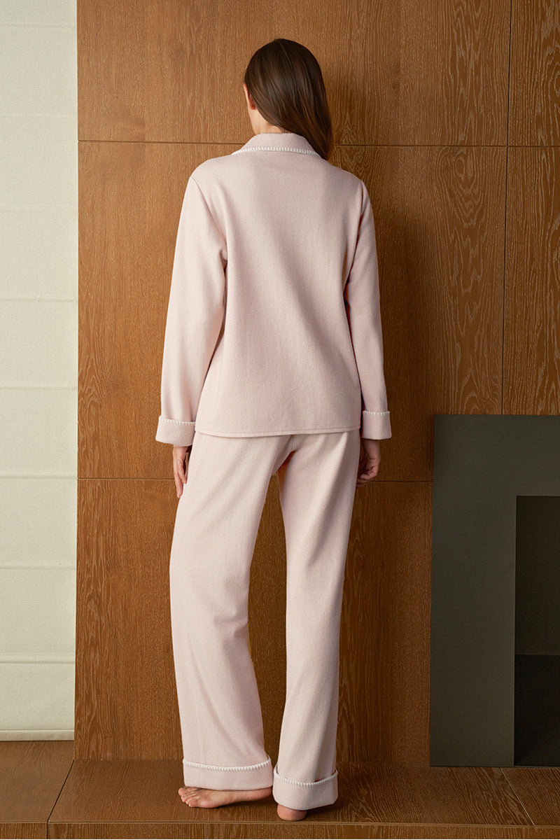 Pink Shell women's silk wool pajama set by MANITO, featuring soft, cozy fabric and classic design for comfortable sleepwear.