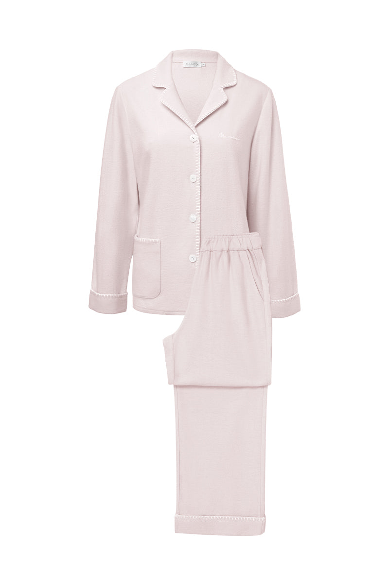 Pink silk wool pajama set for women by MANITO, featuring a comfortable and stylish pajama top and bottom.