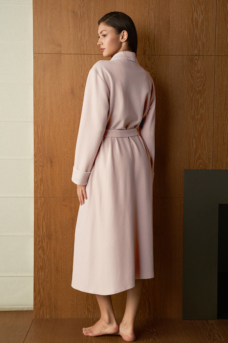 Pink SHELL women's silk wool robe by MANITO, featuring soft fabric and elegant design, displayed on a hanger.