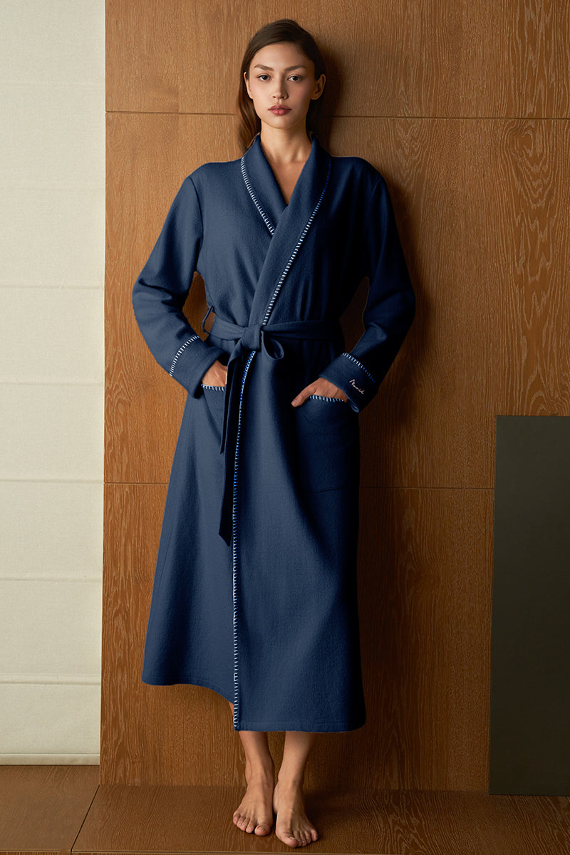 Manito Shell women's silk wool robe in navy, featuring a soft, luxurious fabric and relaxed fit for comfortable loungewear.