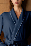 Shell women’s silk wool robe in navy by Manito, showing a luxurious, soft robe with a relaxed fit and elegant design.