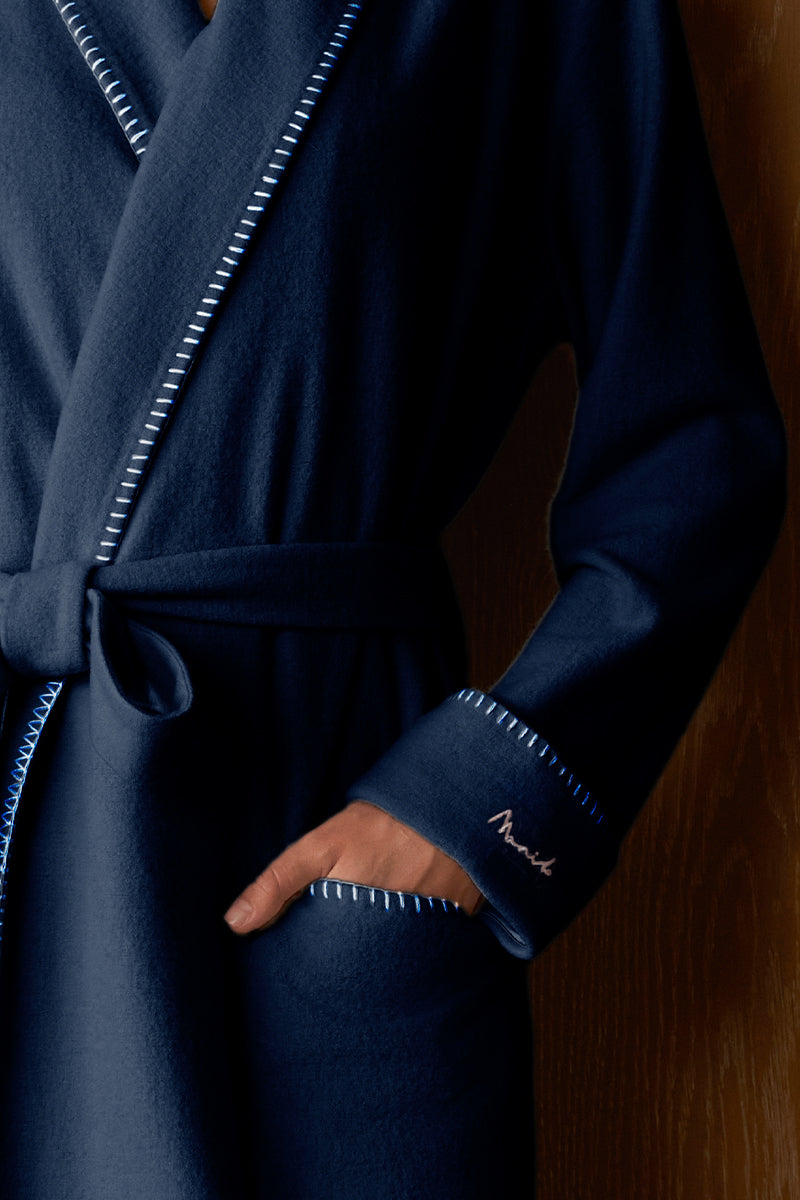 Manito Shell women's silk wool robe in navy, featuring a soft, luxurious fabric and a comfortable, relaxed fit.