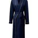 Manito Shell Women's Silk Wool Robe in navy, soft and cozy with a flowing design, displayed on a hanger against a neutral background.