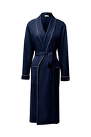 Manito Shell Women's Silk Wool Robe in navy, soft and cozy with a flowing design, displayed on a hanger against a neutral background.