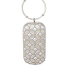 Sarah's Bag Shield Silver Printed Embellished Menotte clutch with decorative design and metallic accents.