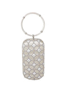 Sarah's Bag Shield Silver Printed Embellished Menotte clutch with decorative design and metallic accents.