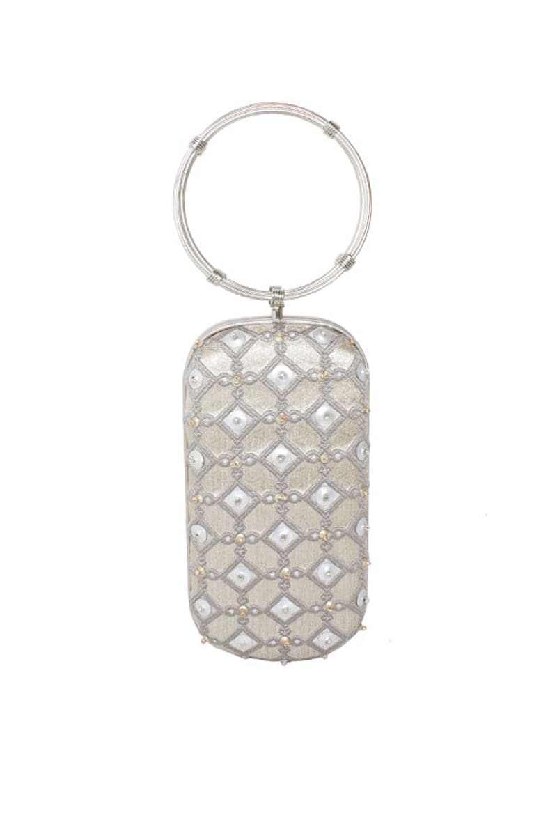 Sarah's Bag Shield Silver Printed Embellished Menotte clutch with decorative design and metallic accents.