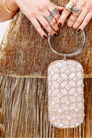 Sarah's Bag Shield Silver Printed Embellished Menotte clutch with metallic details and intricate embellishments.