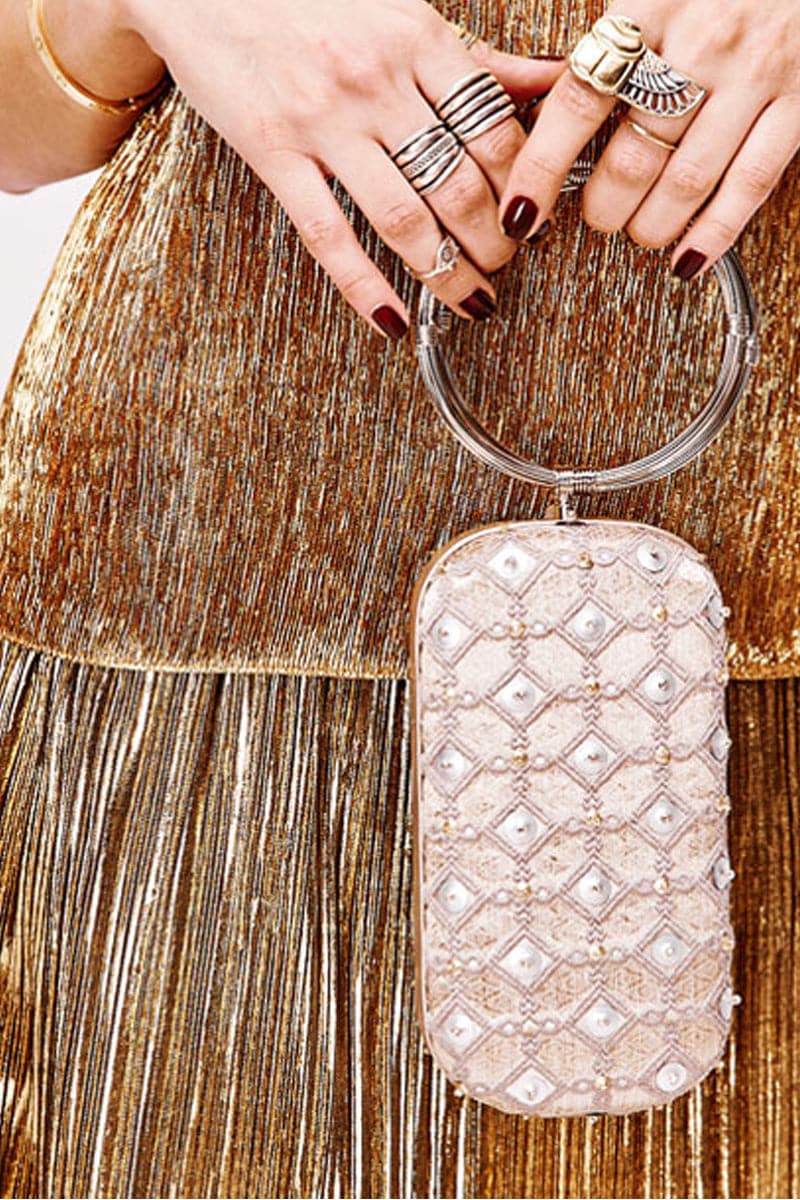 Sarah's Bag Shield Silver Printed Embellished Menotte clutch with metallic details and intricate embellishments.