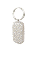 Silver printed embellished menotte clutch bag by Sarah's Bag, featuring a shield design and intricate detailing.