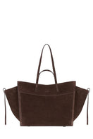 Saonara chocolate suede shoulder shopping bag with stylish design and spacious interior.