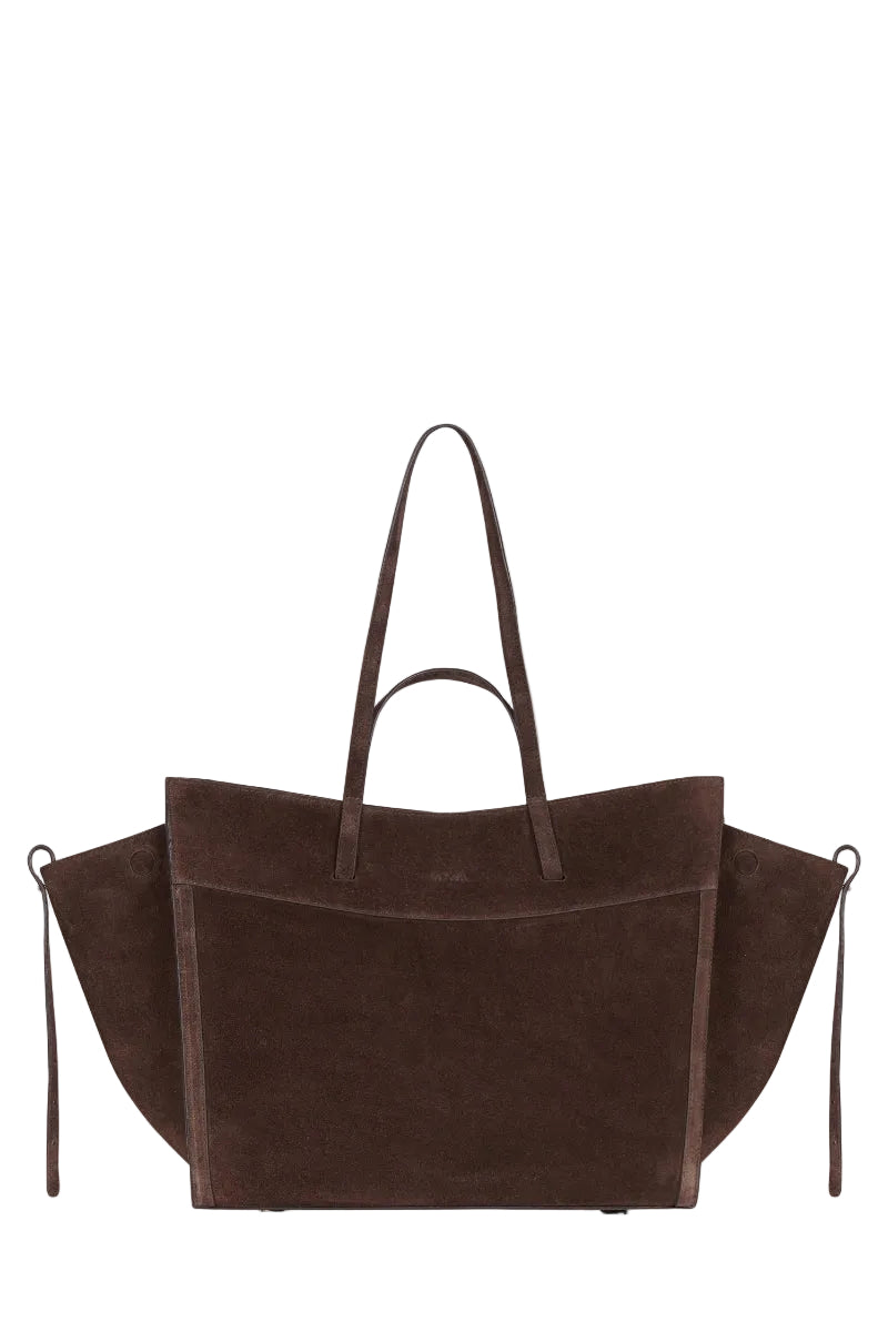 Saonara chocolate suede shoulder shopping bag with stylish design and spacious interior.