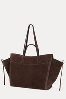 Saonara chocolate suede shoulder shopping bag with sleek design and sturdy handles, ideal for everyday use.