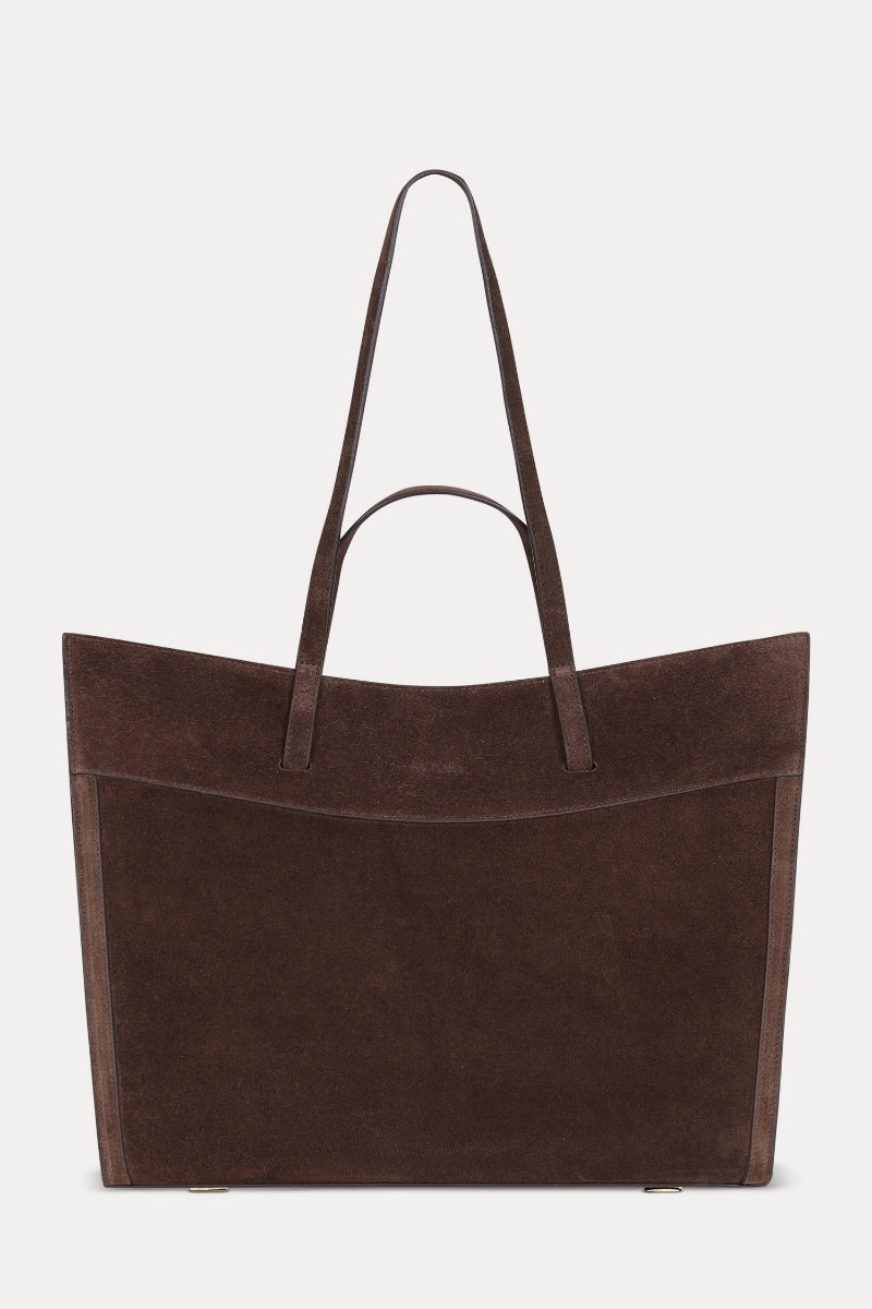 Saonara chocolate suede shoulder shopping bag with soft texture and spacious interior, stylish and versatile for everyday use.