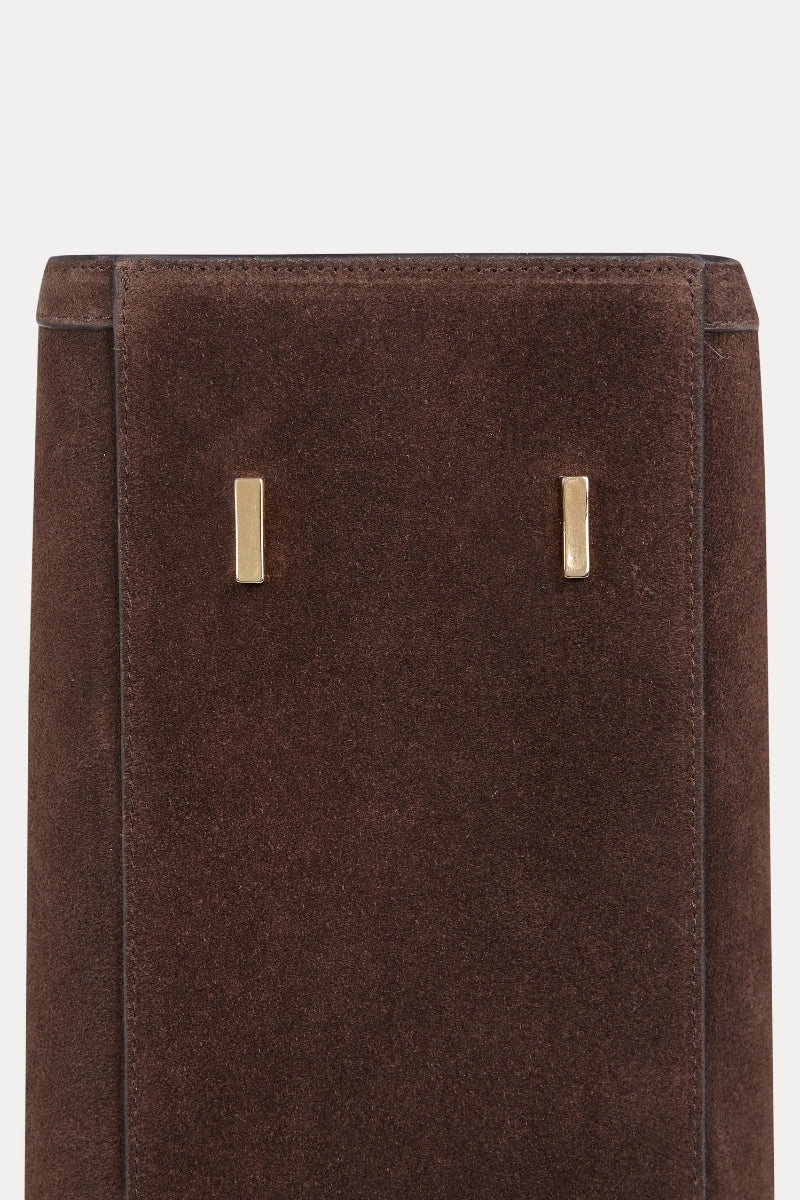 Saonara chocolate suede shoulder shopping bag with sleek design and sturdy straps, perfect for everyday use.