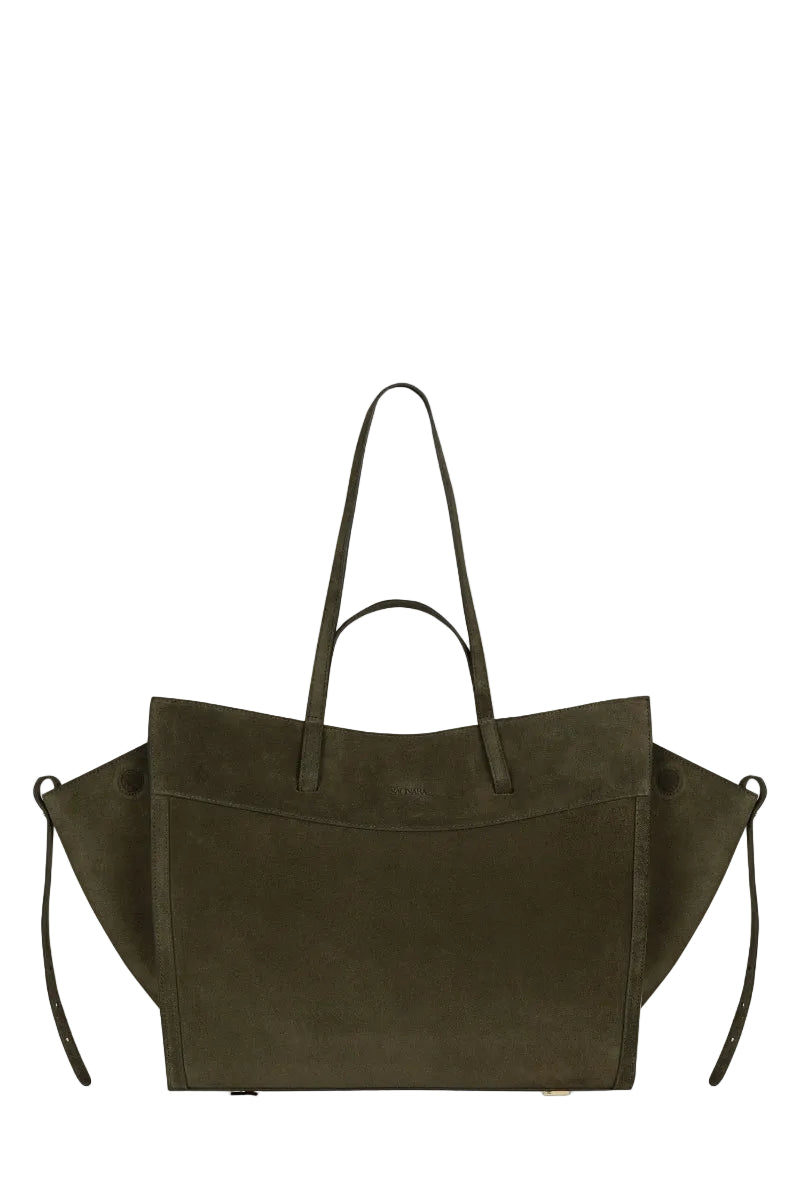 Saonara olive suede shoulder shopping bag with stylish design and soft texture, ideal for everyday use.