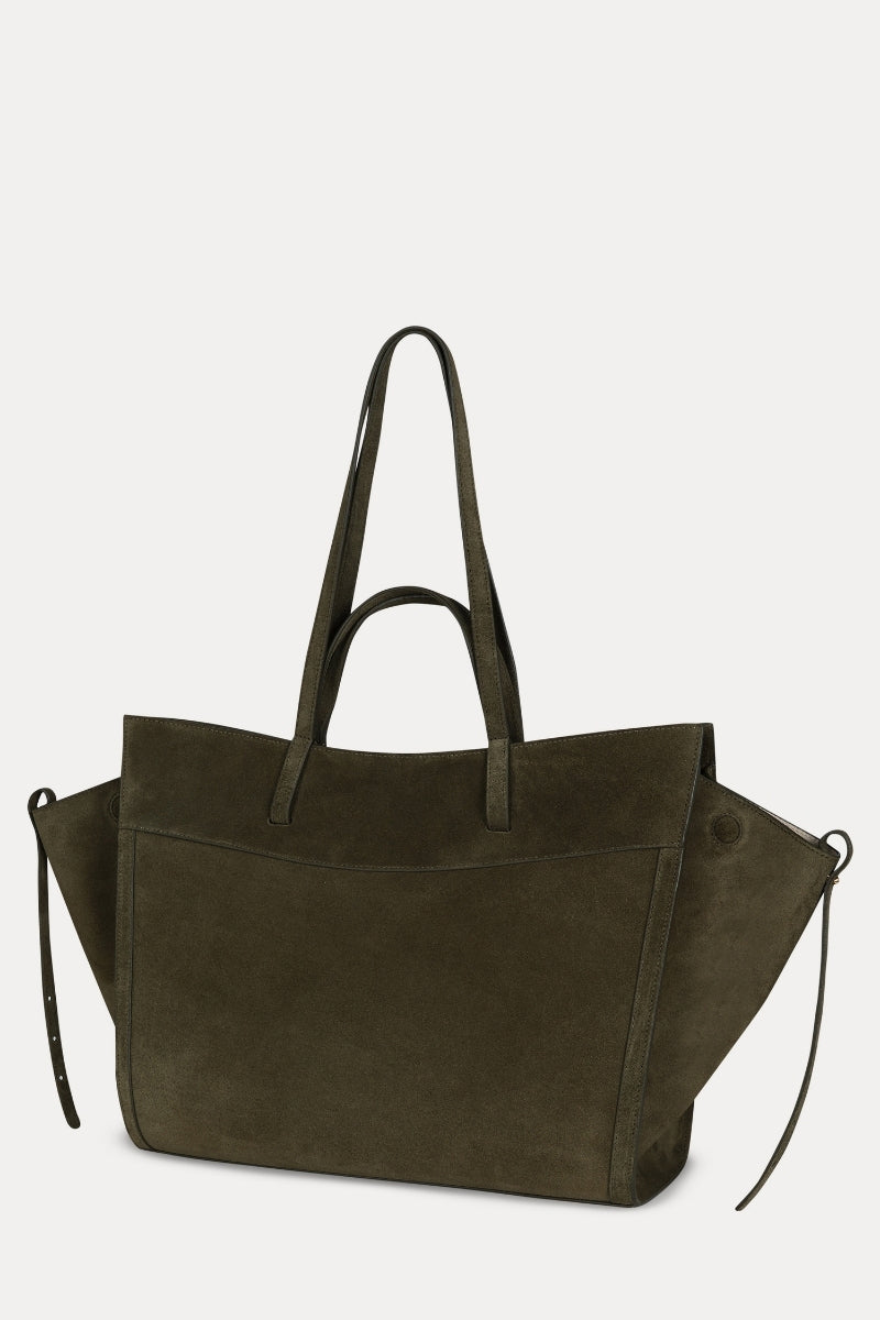Olive suede shoulder shopping bag by Saonara with sleek design and spacious interior, perfect for everyday use.