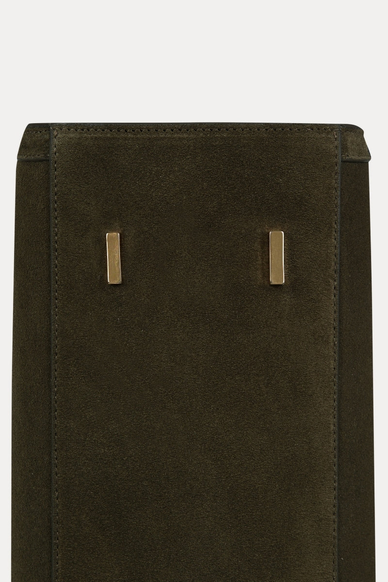 Saonara olive suede shoulder shopping bag with sleek design and sturdy handles, perfect for everyday use.