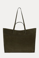 Olive suede shoulder shopping bag by Saonara featuring a sleek design and sturdy strap for everyday use.